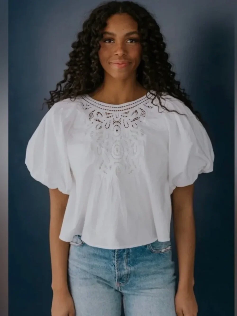 Free People White Bardot Puff Sleeve Crochet Front Top Size Small